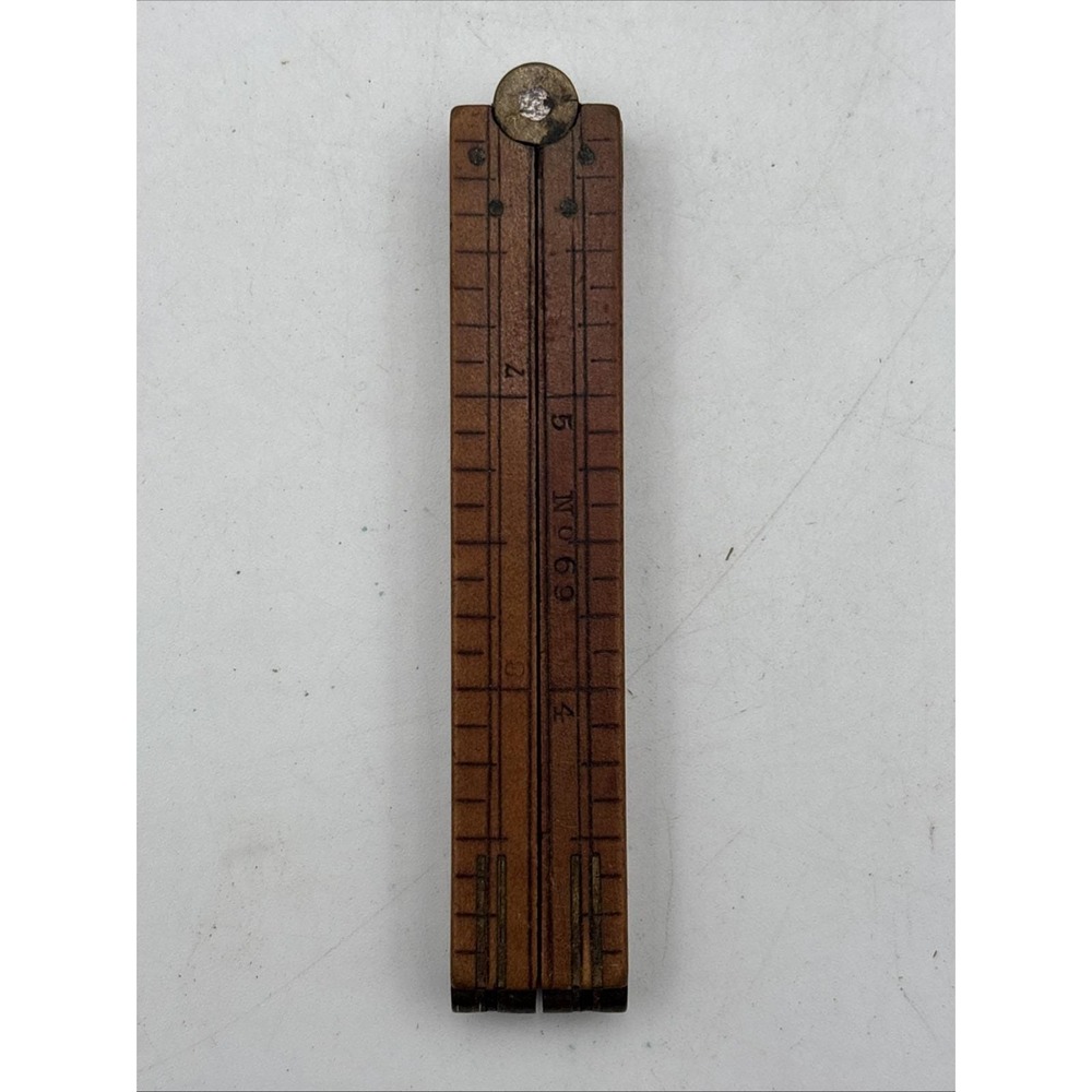 Vintage No. 69 brass and wood 12" fold out ruler tool